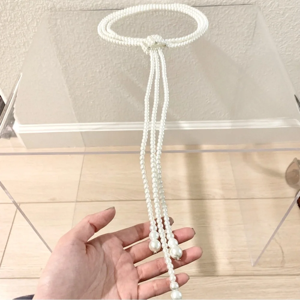 🐚 Triple Strand Glass Pearl Crystals Lariat Choker Statement Necklace - Picture 7 of 7